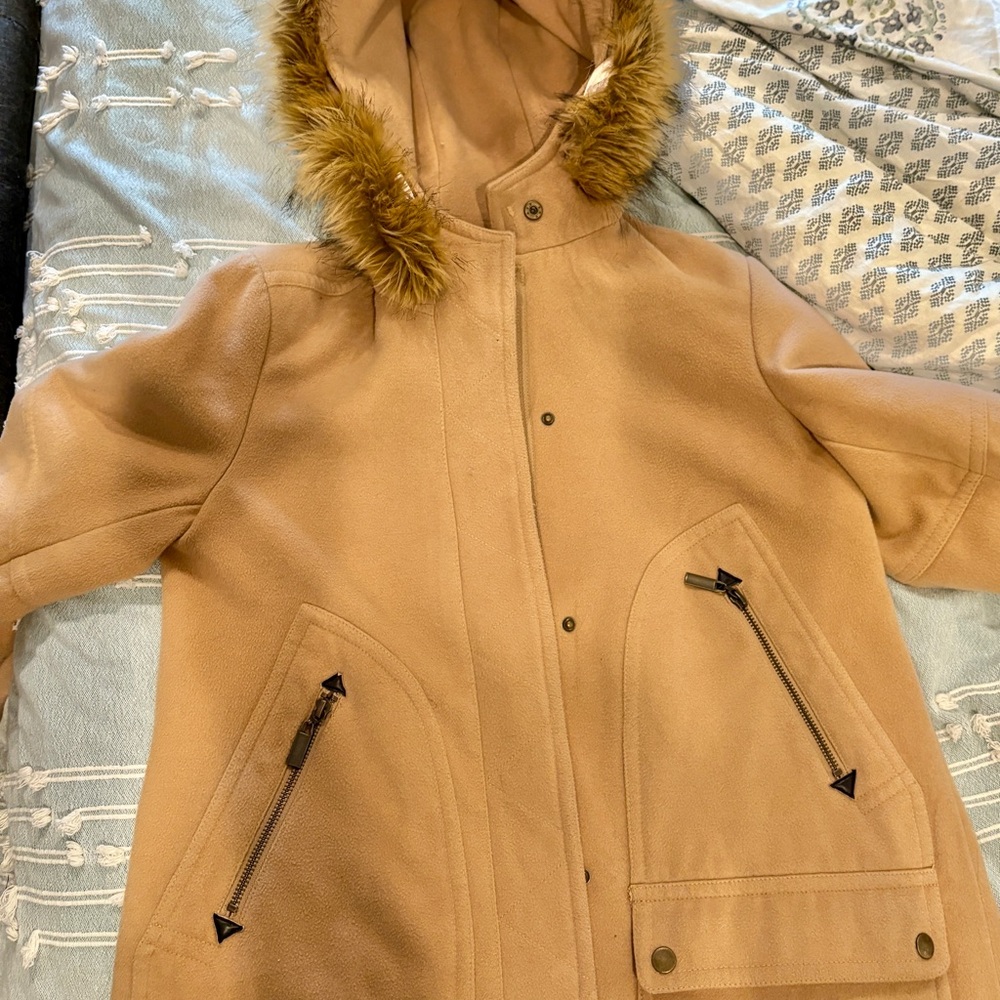 Tan Hooded Coat with Faux Fur Trim
